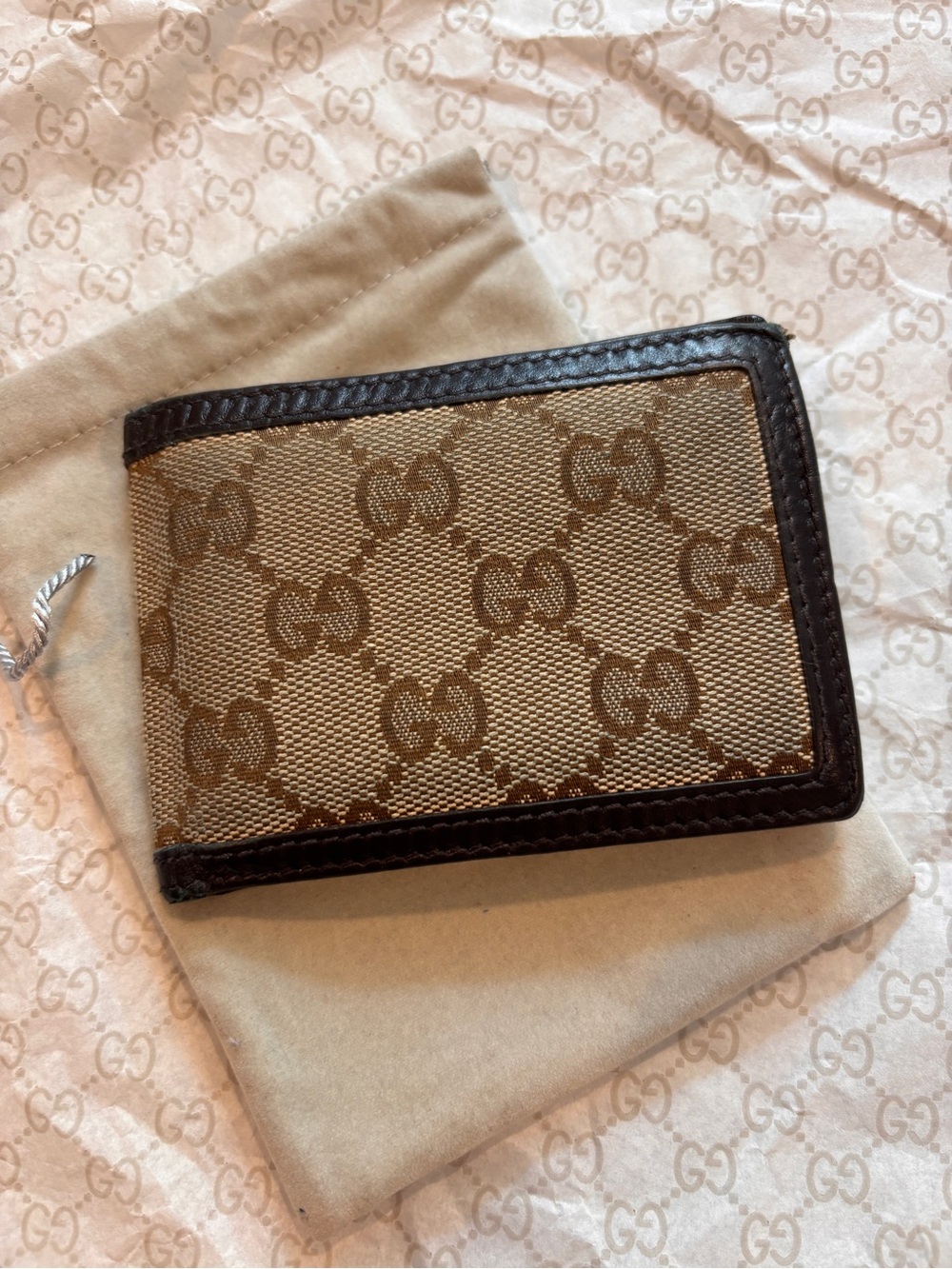 Gucci Brown Monogram Canvas Bifold Card & Money Wallet. Mini.